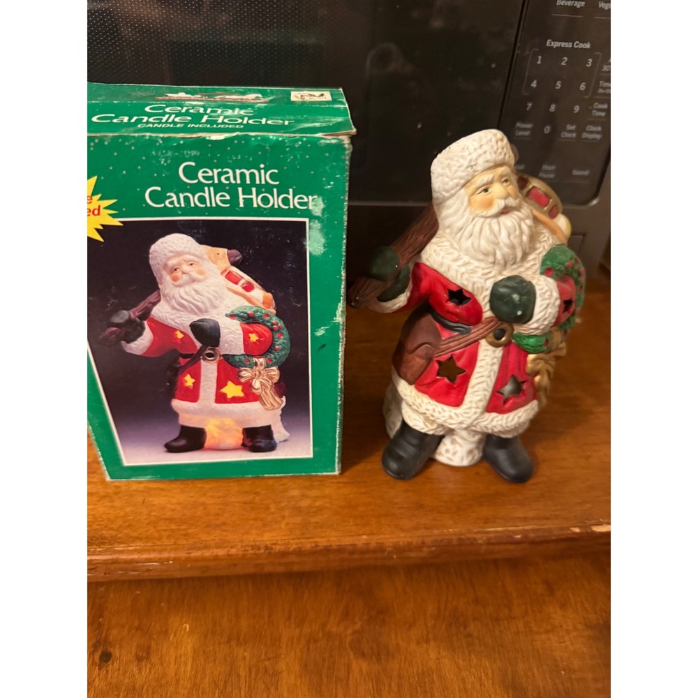 Vintage Ceramic‎ Santa Claus Candle Holder Votive Christmas Figurine with Box
